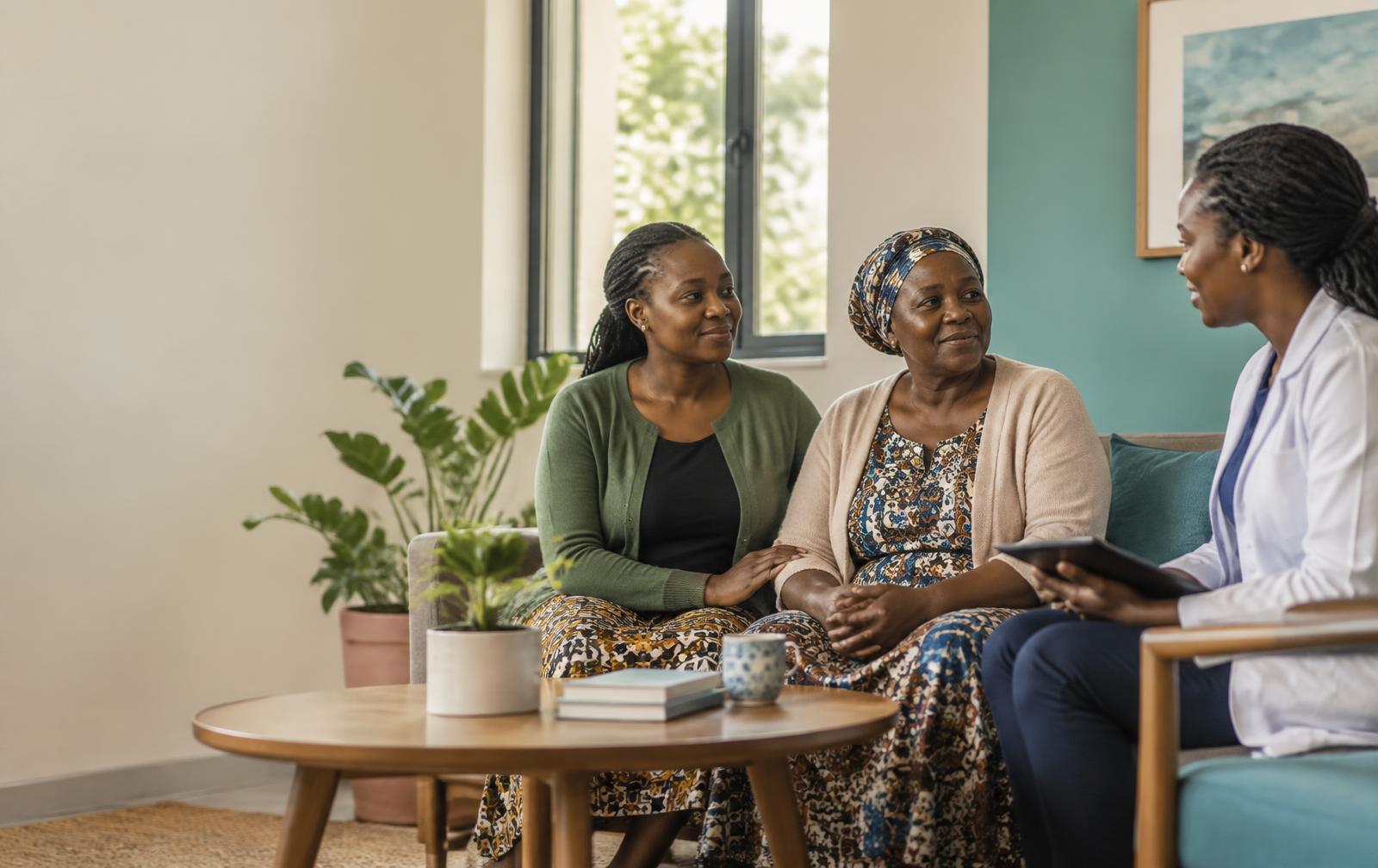 A patient and her daughter in a calm conversation with a healthcare navigator